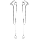 SLUYNZ 925 Sterling Silver No Piercing Cuff Earrings Chain for Women Wrap Earrings Pearl Tassel Clip On Ear