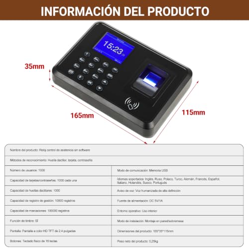 3 in 1 Biometric Fichar Clock - Time Control with Fingerprint, RFID Card and PIN Code - Small Business Assistance Machine, No Monthly Fee, 10 Cards Included, Spanish