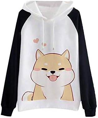 Drfoytg Women Cute Shiba Inu Print Hoodie Long Sleeve Drawstring Pullover Hooded Autumn