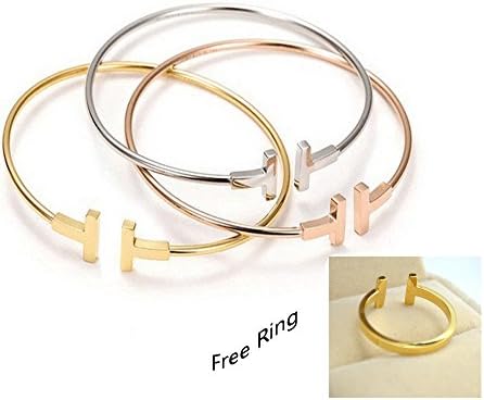 3PCS 925 Sterling Silver T Cuff Bracelet,14K Gold Plated,Dainty Adjustable Bangle T Bar Bracelet Ring