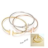 3PCS 925 Sterling Silver T Cuff Bracelet,14K Gold Plated,Dainty Adjustable Bangle T Bar Bracelet Ring