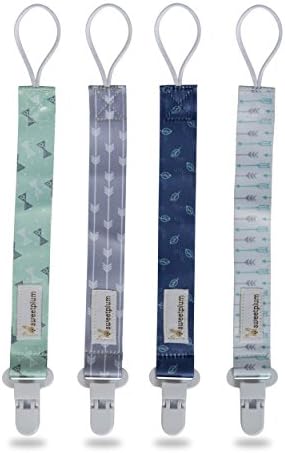 sweetplum Baby Pacifier Clips - 4 Pack - Universal Home or Travel Binky, Soothie, and Teething Ring Holder for Infant Girls and Boys Unisex