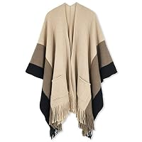 Spicy Sandia Color Block Ponchos for Women Fringe Shawl Pockets Wrap Open Front Cape, Camel