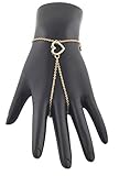 Goldtone Iced Out Heart Adjustable Finger Ring Hand Chain Bracelet