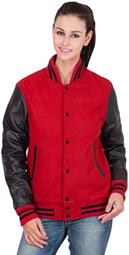 Caliber Apparels Scarlet Red Leather Sleeves &amp; Black Wool Body Varsity Jacket-Women 2X-L