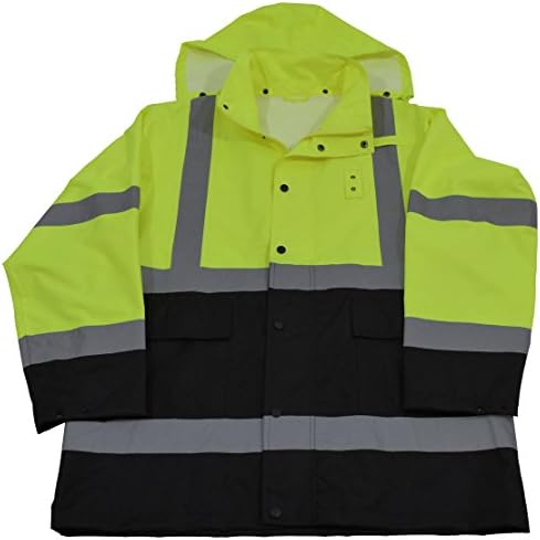 LBRJK-C3-XL Rain Parka Jacket ANSI/ISEA Class 3 Waterproof, Two Tone Lime/Black with Detachable Hood, Storm Flap & Zipper/Snap Closure, No Lining, XL