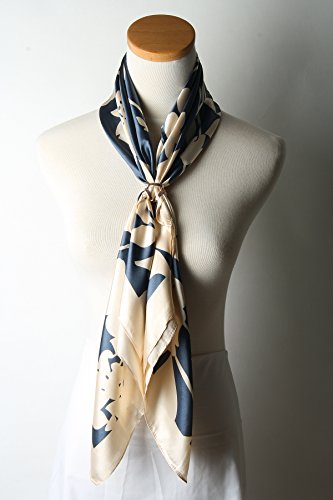 corciova Women's Large Satin Square Silk Feeling Hair Scarf 35 x 35 inches Beige Flowers Charcoal