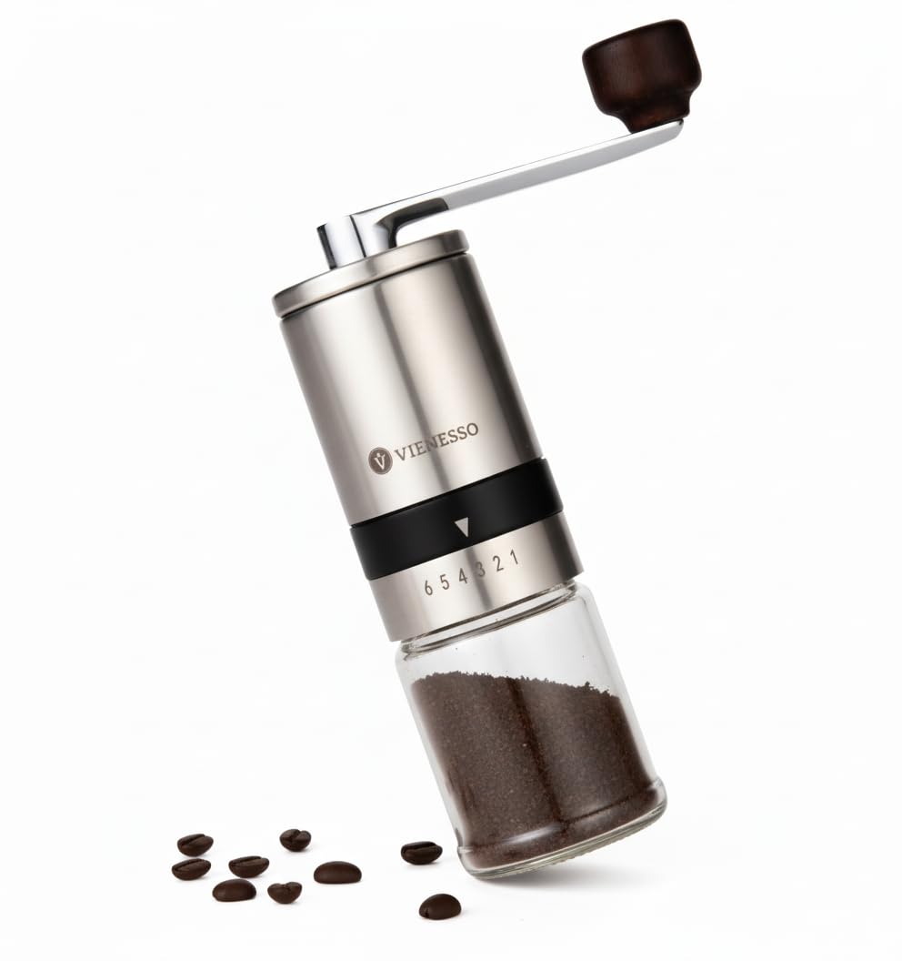 Coffee Grinder Manual with Ceramic Burr | Stainless Steel Hand Espresso Grinder with 6 Grind Levels and Glass Container
