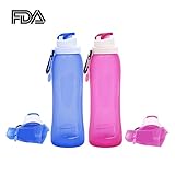 Sportsun Collapsible Silicone Water Bottle for Sports Camping Hiking-Great Capacity 17 Oz. - Easy to Clean and Store-Pack of 2 Blue and Pink