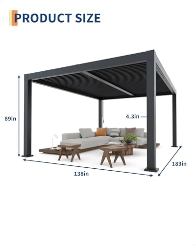 12' x 16' Louvered Pergola, Outdoor Pergola with Adjustable Louvered Roof, Reinforced Aluminum Frame, Integrated Drainage System, for Patio, Deck, Grey image 19