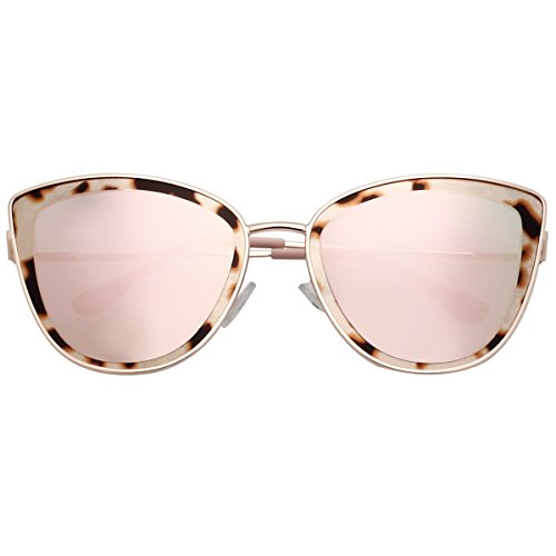 VIVIENFANG Mirror Lens Oversized Women Cateye Sunglasses Leopard Print Metal Frame Shades G87566A Pink - Thumbnail 2