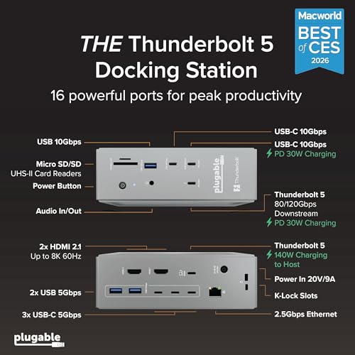Plugable Thunderbolt 5 Dock: 16-in-1, Dual HDMI 2.1 Up to 8K 60Hz / 4K 144Hz, 140W Laptop Charging, 2.5GbE, Fanless, Driverless TAA Compliant Docking Station for MacBook Pro/Air & Windows (TBT-UDH2)