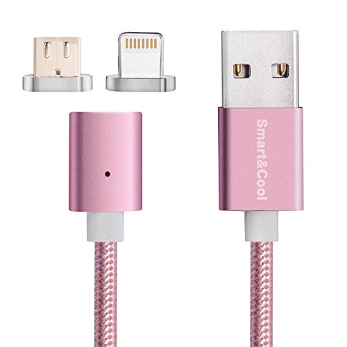 Smart&Cool 5 Feet Gen4 Nylon Braided 2 in 1 Two-mode Super Magnetic Charging & Data Sync Cable for Smart Phone and Tablets with Micro-USB and i-Product Interface (5ft-Rose Gold)