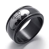TEMEGO Jewelry Mens Stainless Steel Ring, Fashion Batman Symbol Band,Black Silver