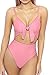 LEISUP Women's Strappy V Neck Tie Knot Front High Waist Thong One Piece Swimwear Pink L
