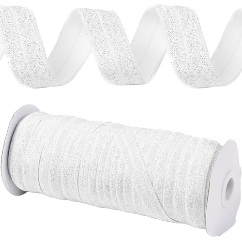 CABODYALS 45.72M 15mm White Silver Stretch Elastic Ribbon Fold Over Stretch Foldover Soft Glitter FOE Elastics Ribbon Wired for Sewing Making Gift Wrapping Diy Christmas Tree Decor Craft Supplies