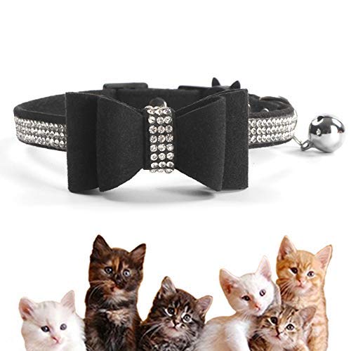 Quick Release Cat Collar with Bell and Bow Tie,Bling Rhinestones and Adjustable Safety Kitten Collar Soft Leather,Kitty and Some Puppies Safety Collars (Black)