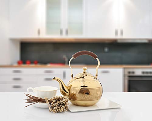 OMGard Gold Tea Pot with Infuser Loose Tea Leaf Filter 2 Liter Stainless Steel Teapot Coffee Water Small Kettle Strainer Set Warmer Teakettle for Stovetop Induction Stove Top 2.1 Quart / 68 Ounce