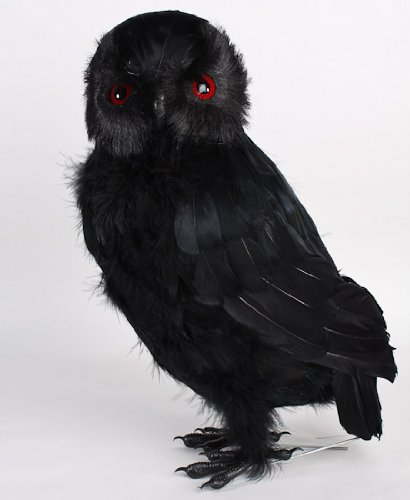 Standing Black Feathered Artificial Owl with Attached Wire on Feet