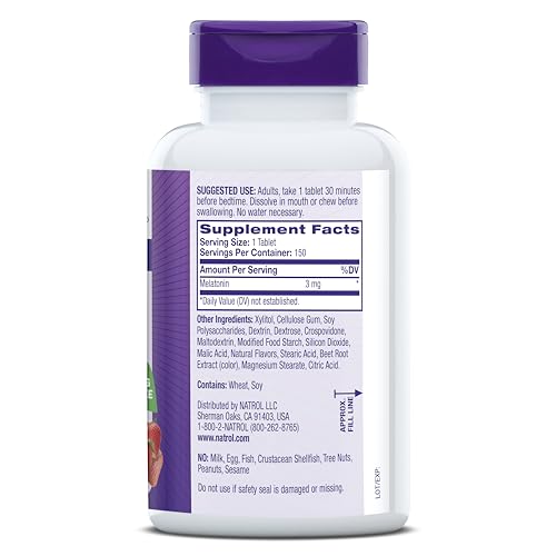NATROL FAST DISSOLVE MELATONIN 3 MG, MELATONIN SUPPLEMENTS FOR RESTFUL SLEEP, SLEEP SUPPORT FOR ADULTS, 150 STRAWBERRY-FLAVORED TABLETS, UP TO A 150 DAY SUPPLY
