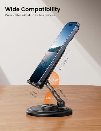 Lamicall Adjustable Phone Stand for Desk - 360 Rotating Foldable Cell Phone Holder Desktop Portable Cellphone Stand, Office Desk Accessories for 14 15 16 17 Pro Max Plus Air, 4-10” Devices, iPad Mini