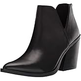 Kathemoi Womens Slip on Ankle Boots V Cutout Pointed Toe Chunky Stacked Mid Heel Booties