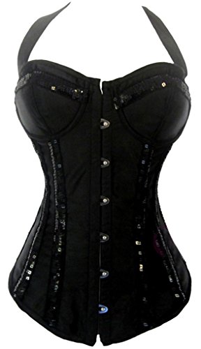 Alivila.Y Fashion Halter Sequins Satin Corset 1012 With G-String-Black-M