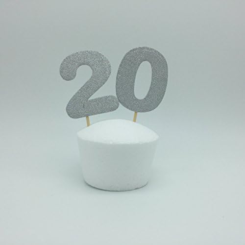 Double Sided Silver 20th Birthday Party Ideas. Number "20" Cupcake Toppers - Set of 12