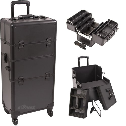 33.5 Inch Pro Black Interchangable Series Cosmetic Train Case Beauty Supply Holder with 4-360 Degree Rotating Wheels Make Up Travel Organizer