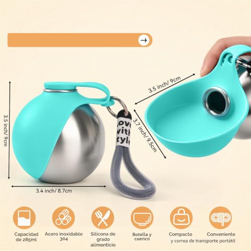 LTFIOON Portable Dog Drinker, 285ml Stainless Steel Dog Water Bottle, Anti-Leak Bottle with Foldable Silicone Bowl, Portable Water Bottle for Walking, Traveling and Camping