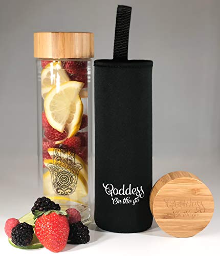 The Goddess On The Go Tumbler with Stainless Steel Infuser | BPA Free Double Wall Glass Travel Mug with Natural Bamboo Lid | Leakproof Tea Bottle For Easy Tea Infusion, Fruit Infusion, Hot & Cold Tea - Thumbnail 5