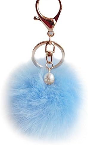 Tenworld Gold Plated Keychain Rabbit Fur Ball Pom Pom Keychain for Car Key Ring Handbag Tote Bag Pendant Charm (Light Blue)