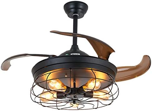 Ceiling Fan With Light Industrial Ceiling Fan Retractable Blades Vintage Cage Chandelier Fan With Remote Control 5 Edison Bulbs Needed Not Included 42 Inch