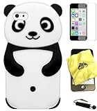 Bukit Cell ® Bundle - 4 Items: Bukit Cell ® BLACK 3d Panda Soft Silicone Case for Iphone 5C, Bukit Cell ® Cleaning Cloth, Screen Protector and Metallic Stylus Touch Pen with Anti Dust Plug