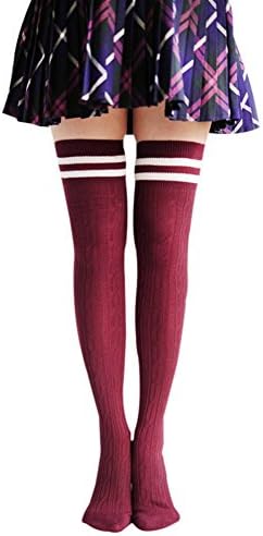 USOLDFLY Women's Girls Two Stripes Knee Thigh High Socks Stockings Burgundy