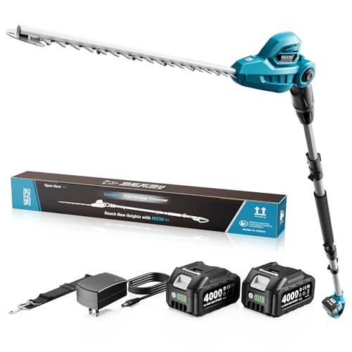 SEESII Electric Telescopic Hedge Trimmer 2.6 m, Electric Hedge Trimmer with 40 cm Double Action Blade, 2 x 4.0Ah Batteries, 135° Adjustable Swivel Head, for High Hedges and Dense Shrubs