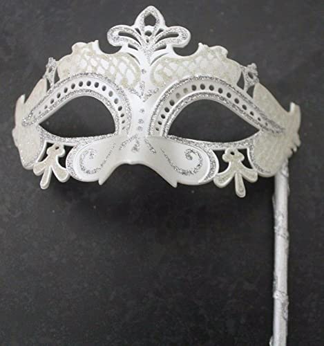 Mask & Co LADIES SPARKLING WHITE & SILVER RIALTO VENETIAN MASQUERADE CARNIVAL PARTY EYE HAND HELD ON A STICK, 8cm Deep
