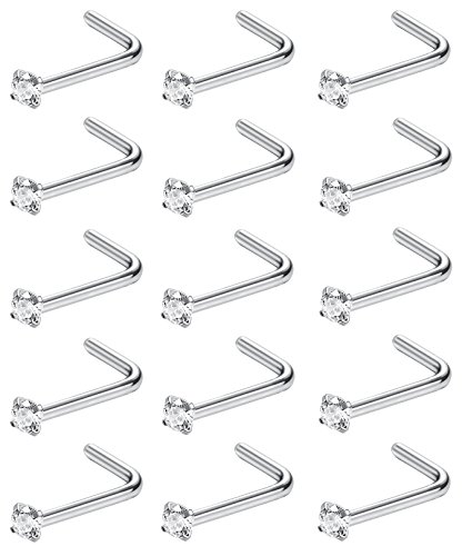 Nose Rings-LOLIAS 15 Pcs Stainless Steel 20g Nose Stud Ring L Shape CZ Nose Piercing Jewelry 1K