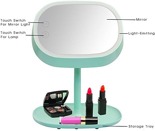 EcBy TECH Lighted Makeup Vanity Mirror with Table Lamp for Bedroom Home, Smart Makeup Mirror with Touch Sensor LED Night light for Women (ABS, Green)