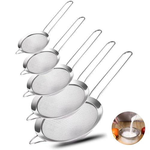 OKHOUSE 5 Pcs Coladores de Cocina de Malla Fina Acero Inoxidable, Colador de Pasta, Separador de Salsa, con Mango Largo,para Cocina Escurridor de Verduras, Harina para Hornear, Freír Drain y Rinse ﻿