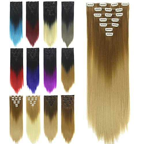 IMISSU 24 Inch 7PCS Set Long Straight Clip in Hair Extensions Ombre Color Full Head Hair Extension Hairpiece for Women 120g (Ombre Brown)