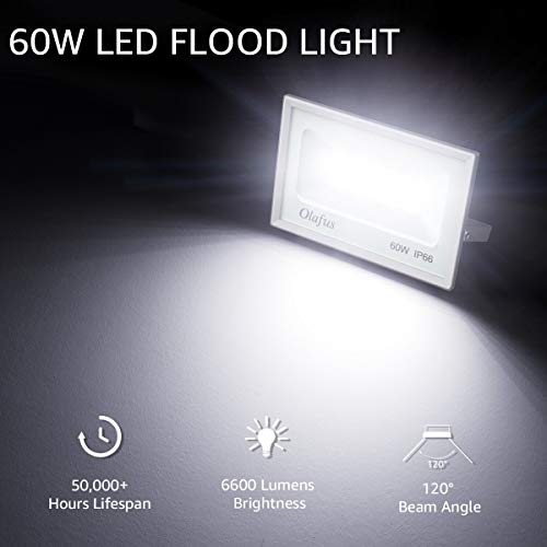 Olafus 2 Pack 60W LED Flood Light Outdoor, 6600LM Ultra Bright Floodlights, 300W Equivalent, IP66 Waterproof Exterior Security Lights, 5000K Daylight White Lighting for Backyard, Garden, Playground - Thumbnail 3