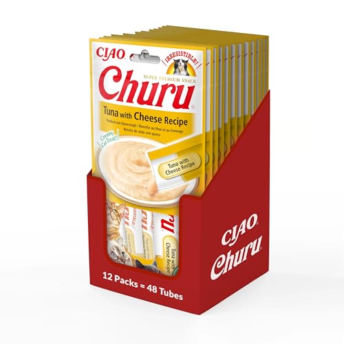 Ciao Churu Sticks by INABA Cat Treat - Tuna & Cheese Flavour 12 Pack (48 x 14g total) / Soft & Creamy Cat Treat, Delicious & Healthy Snack, Pill Assist, Natural, Grain Free