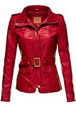 Belted Babydoll Faux Leather Trenchy Coat Jackets,065-Red,Large
