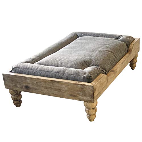 828 Pet Supplies Raised Memory Foam Medium Dog Bed, Washed Oak Wooden Frame, Removable Orthopedic Mattress, Carved Legs
