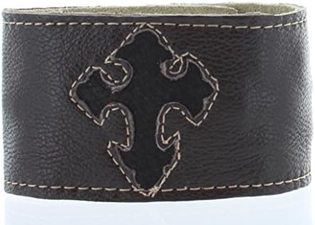 Charlie Biker Bracelet, Men or Womens Leather Bracelet with Secret Hidden Zipper Compartment, Approx 9.5" Adjustable, Dark Brown Leather with Black Cross Design.