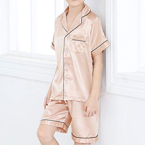 Kids Satin Pajamas Set Pjs Short Sleeve Button-Down Sleepwear Loungewear Set Girls Boys Pajamas Set Champagne
