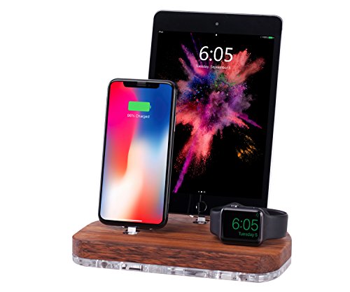 ATIK Docking Station Compatible with Apple iPhone X/8/7/6/5 Apple Watch Series 1/2/3 iPad Mini/Air/Pro & Airpods, Wooden Charging Stand, Multi-Devices Dock & Holder | Pre-Installed USB Cables