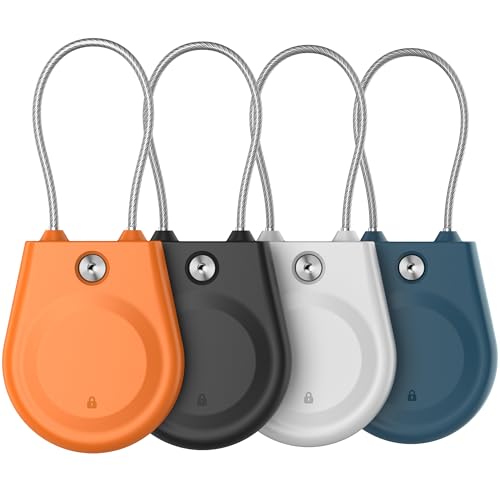 for AirTag Holder, Airtag Lock Case with Wire Cable, IPX8 Waterproof, for Luggage, Key Ring Key Chain Luggage tag Backpack (4 Pack-Black, Orange, White, Blue)
