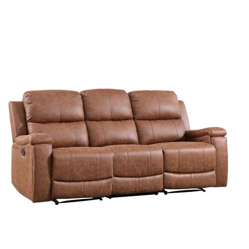 CANMOV Leather 3-Seat Recliner Sofa, Manual Reclining Sofa with Hidden Cup Holders, Padded Headrest & Lumbar Support 3-Seat Couch for Living Room, Home Theater, Brown